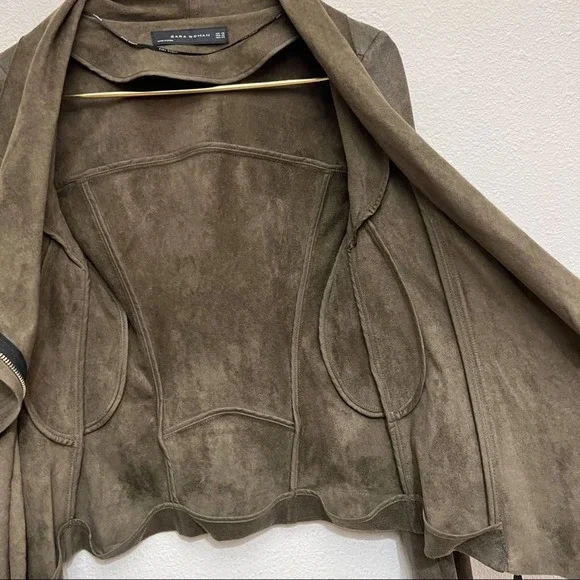 Zara Faux Suede Olive Green Draped Asymmetrical Zip Up Moto Jacket - Picture 11 of 12